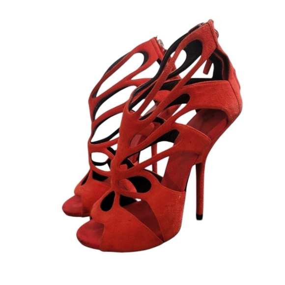 Giuseppe Zanotti Shoes - Giuseppe Zanotti Red Suede Butterfly Cutout Sandals Heels Size 6.5